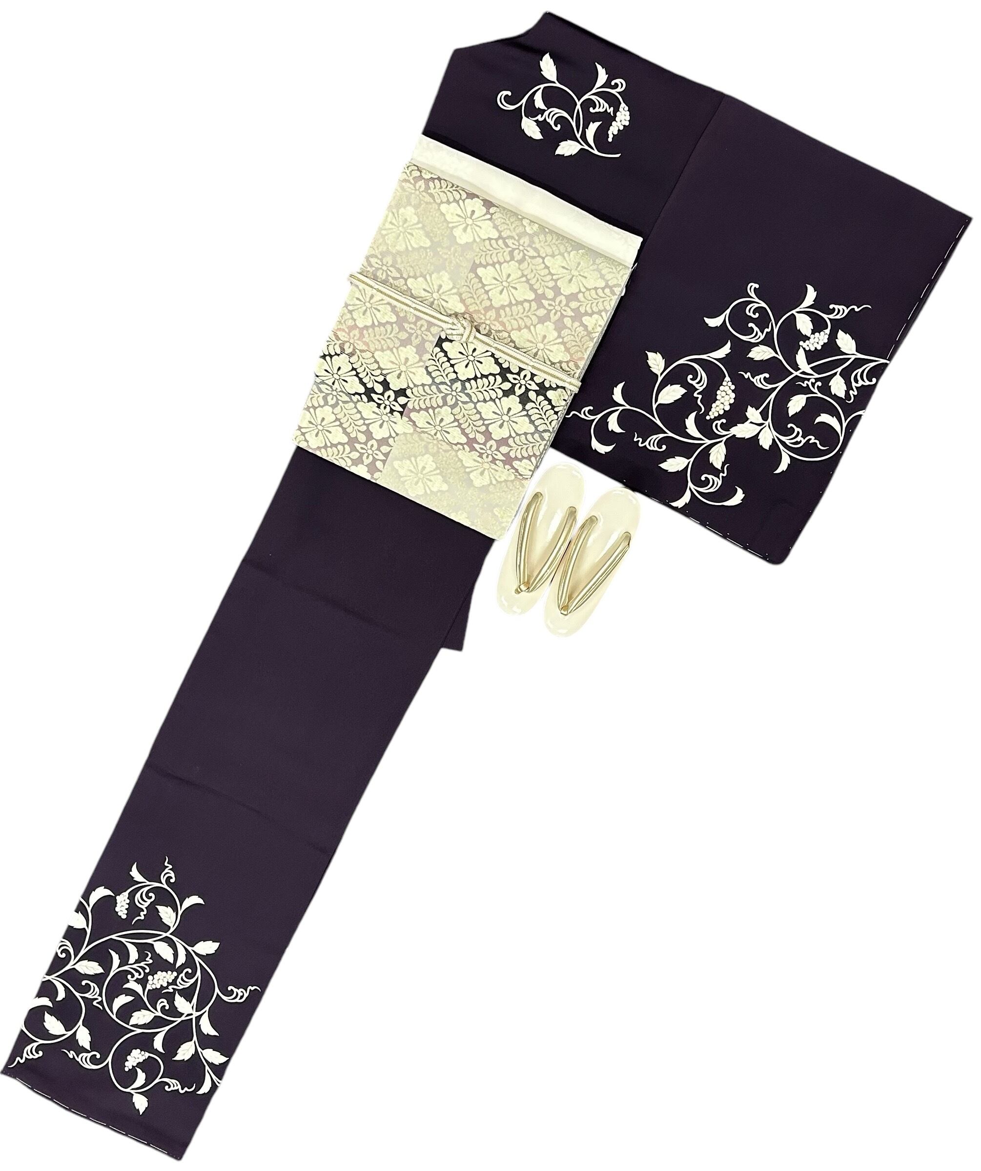 付下げ 深紫色 葡萄唐草模様 きもの志麻 落款あり 裄丈 69㎝ K4665