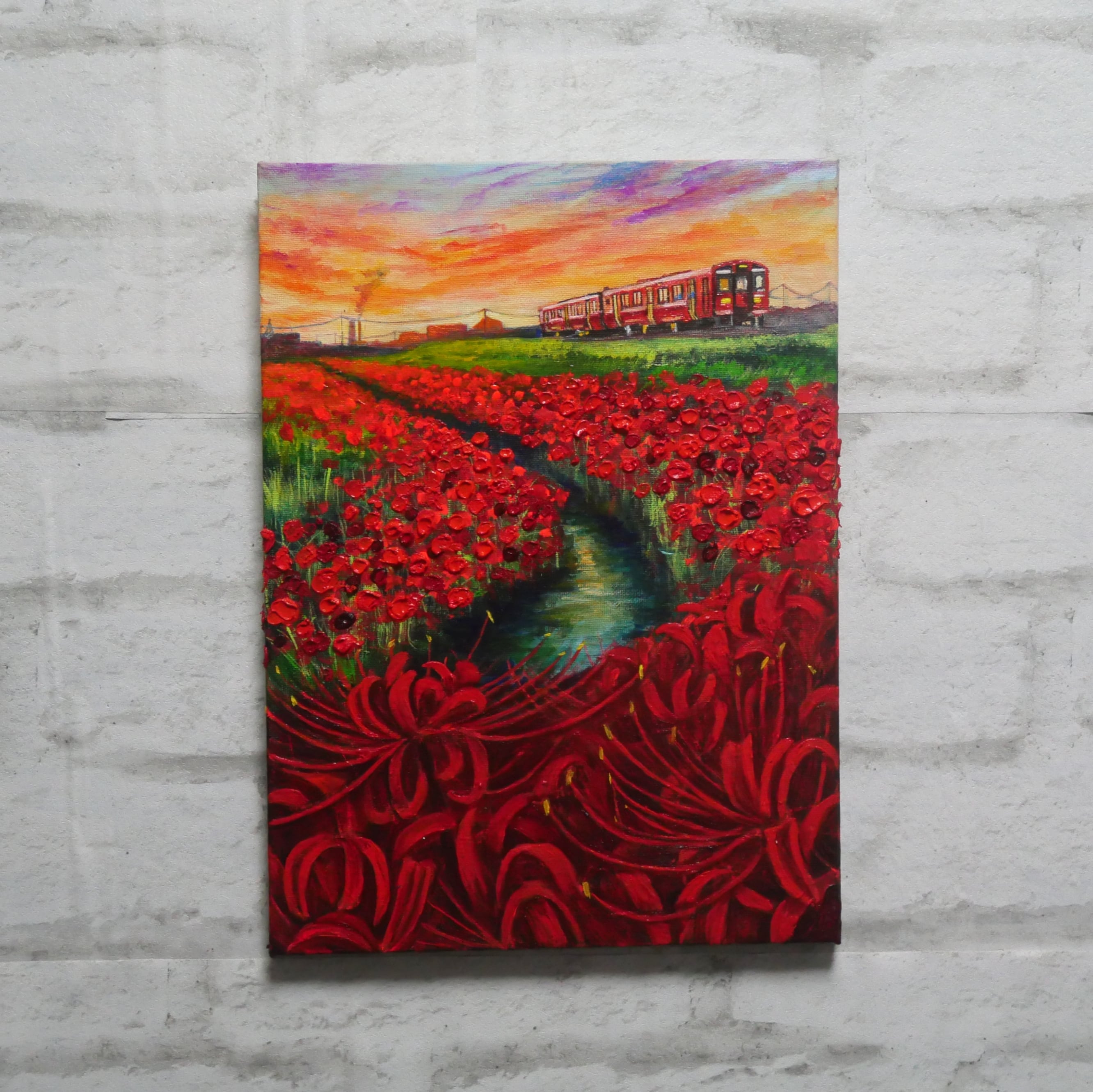 油絵 油彩 油彩画 絵画【彼岸花と赤い電車】 | HIROSHI1990