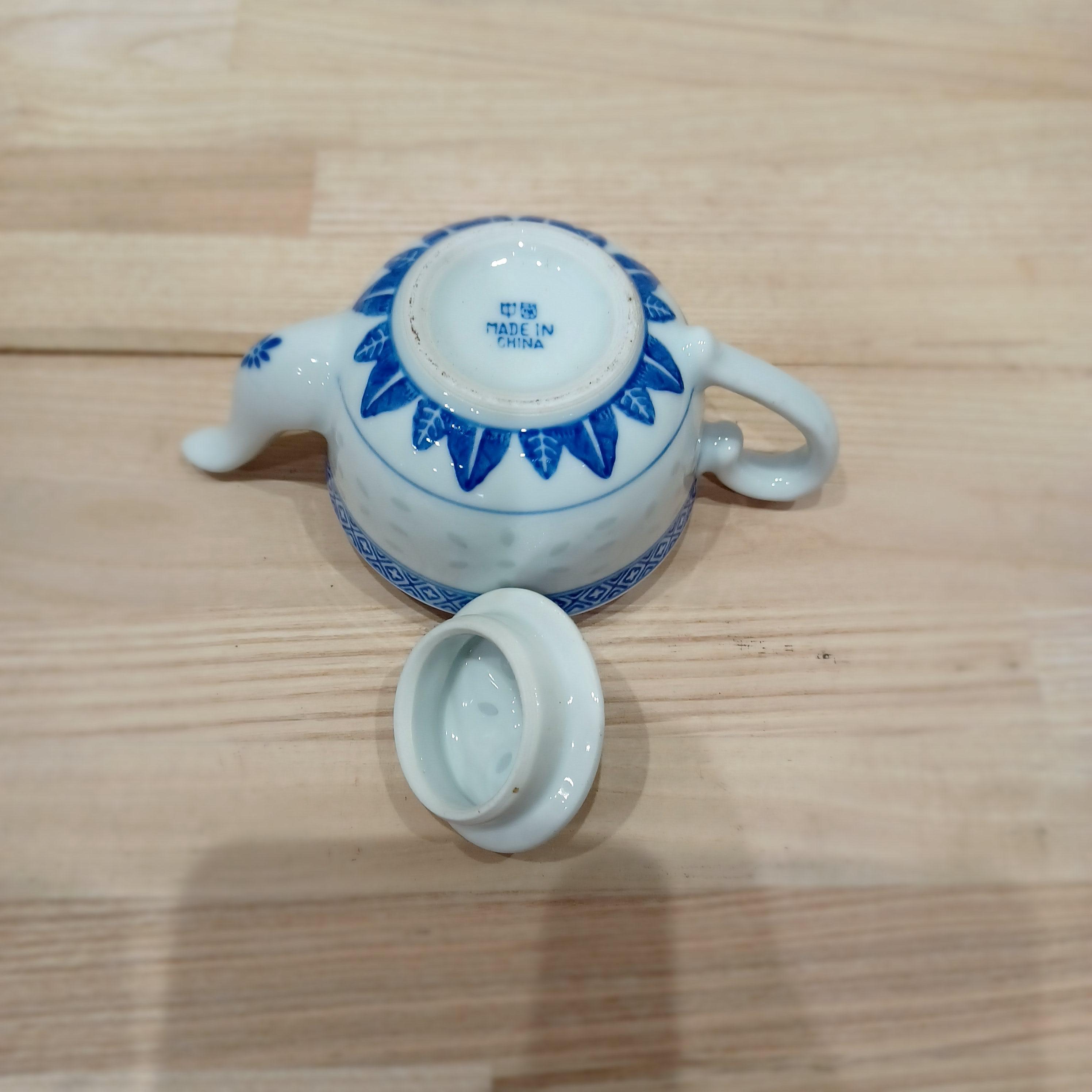 景徳鎮・ヴィンテージ】蛍手透かし煎茶碗＆ティーポット 5点セット｜青