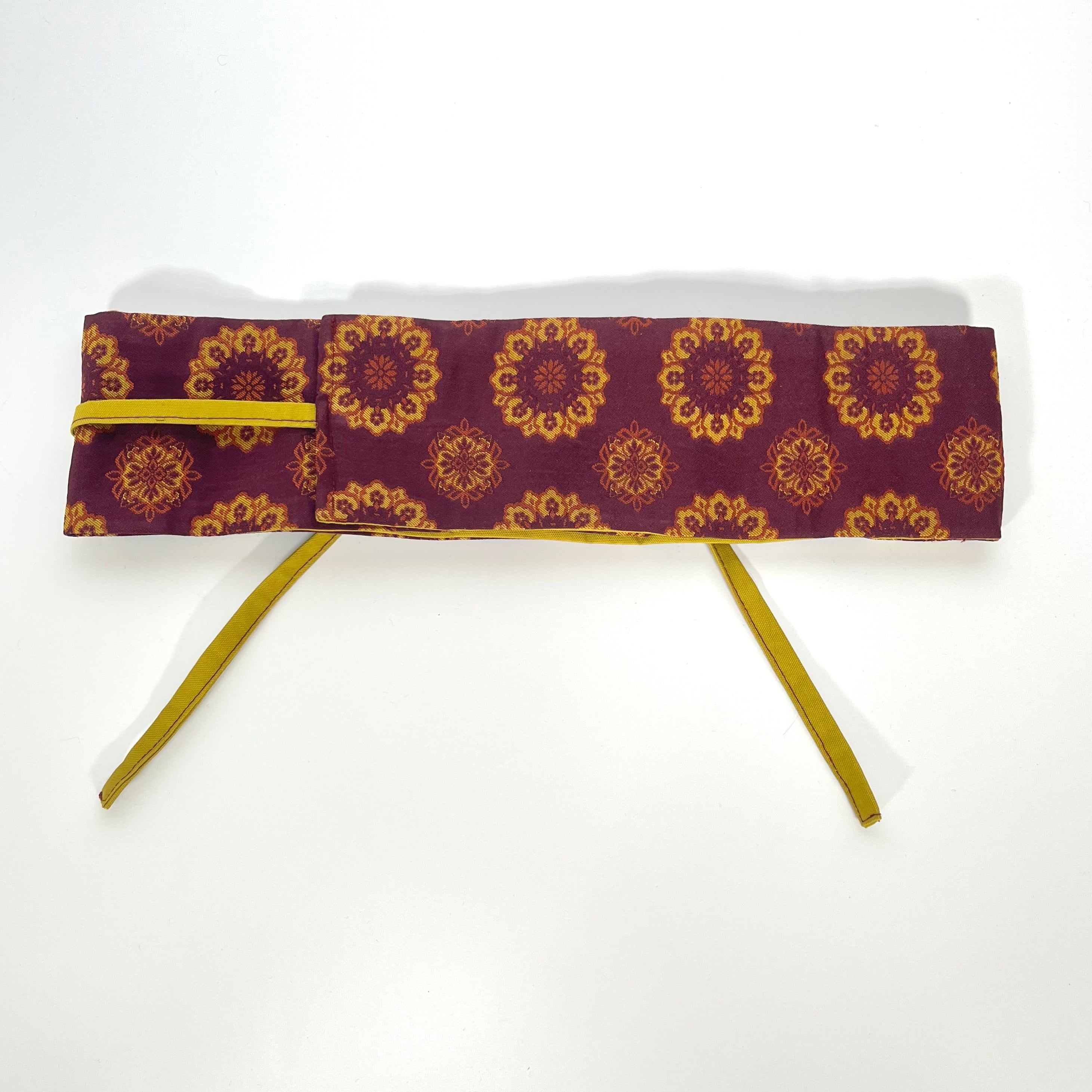 12420】 着物帯リメイク サッシュベルト 華文織り出し 小豆色 黄色