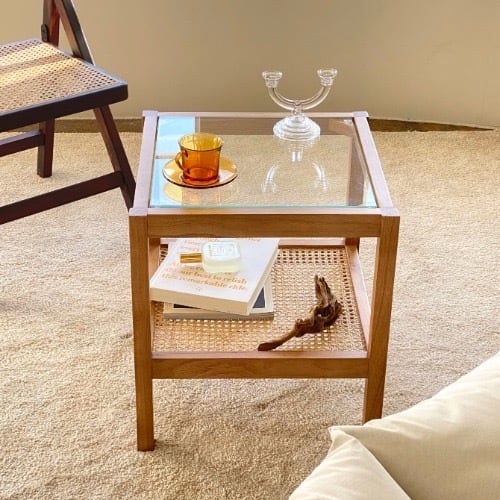 glass rattan wood table / ガラス ラタン ウッド 2段 サイドテーブル