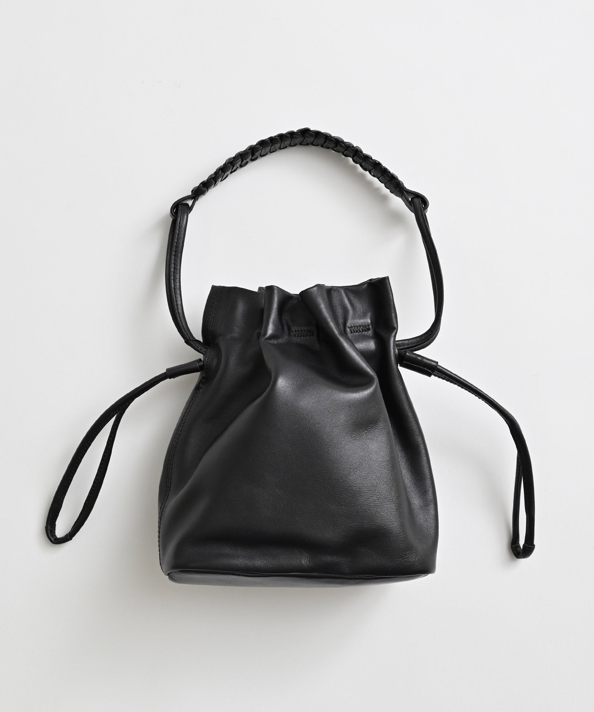 YArKA】real leather flat braided handle drawstring shoulder bag