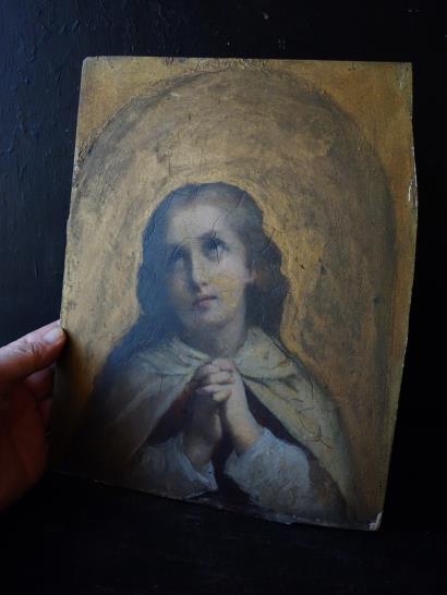 西洋アンティーク 教会内陣・宗教絵画・祈り・板絵・油彩