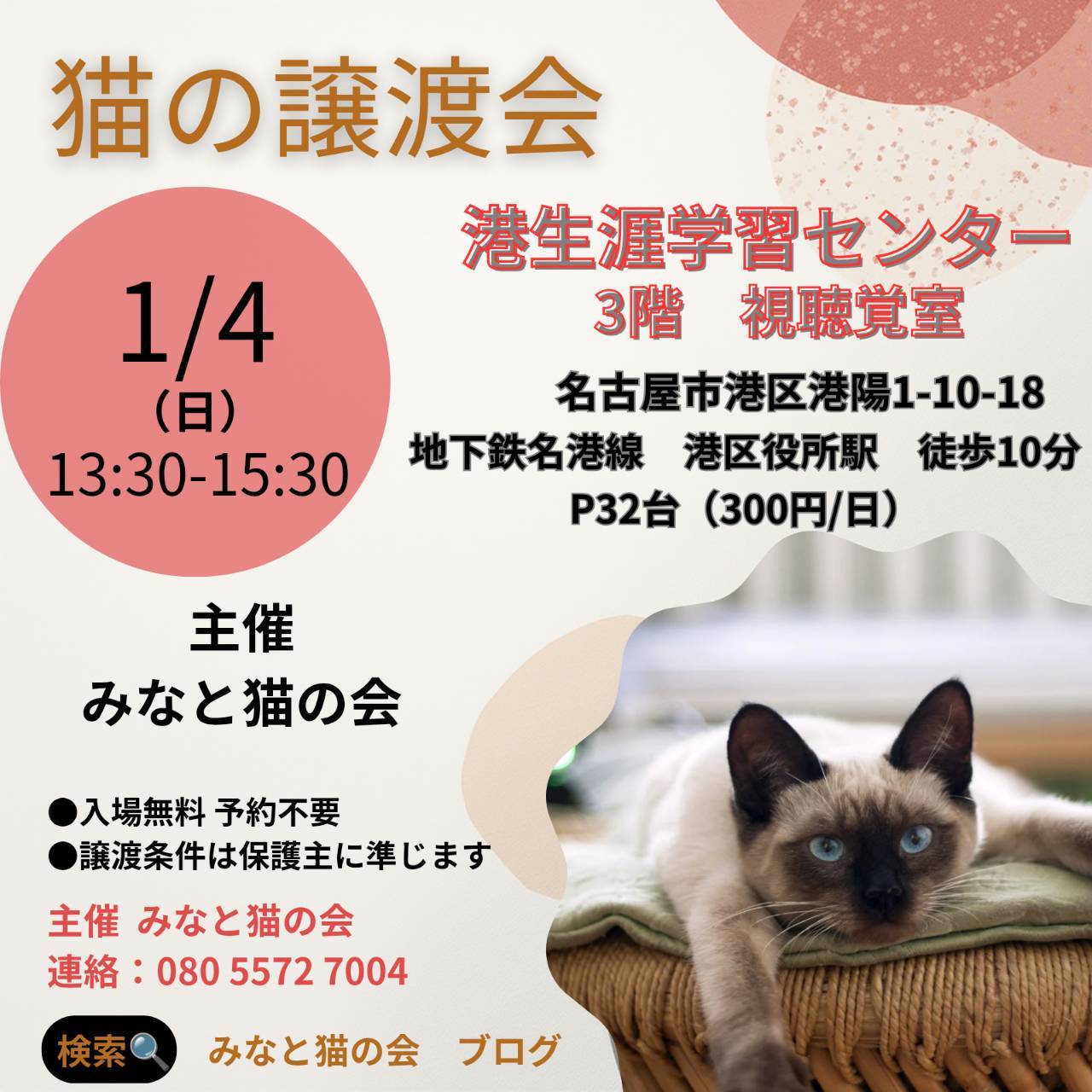 2026年1月4日（日）名古屋市港区 譲渡会ご案内＆参加猫 - みなと猫の会