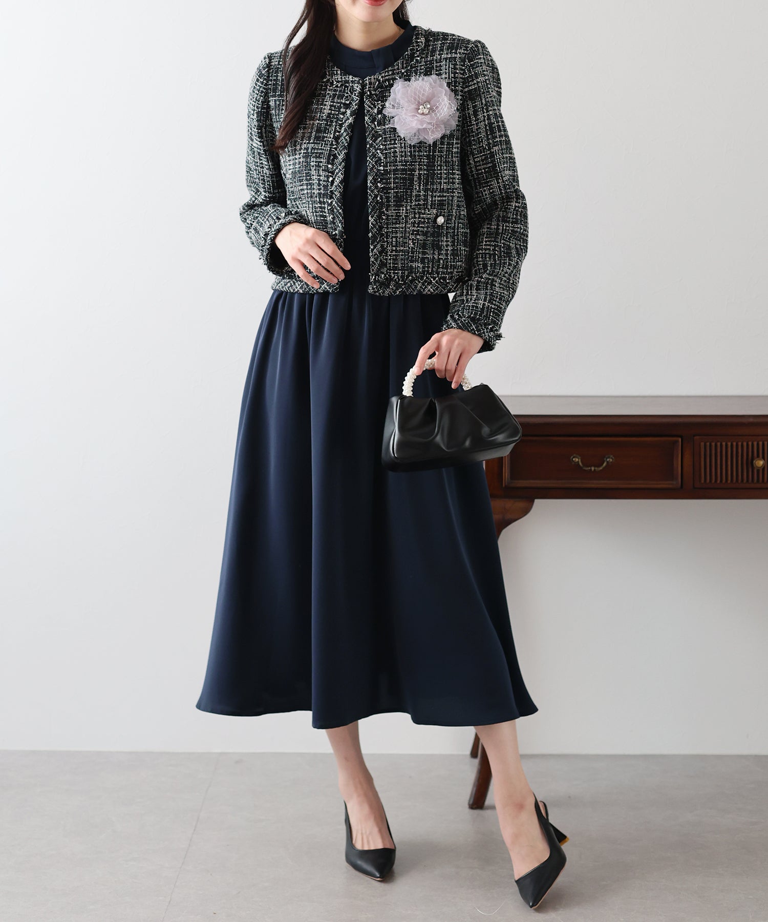 SALE】ミックスツイードノーカラージャケットxスタンドカラータック