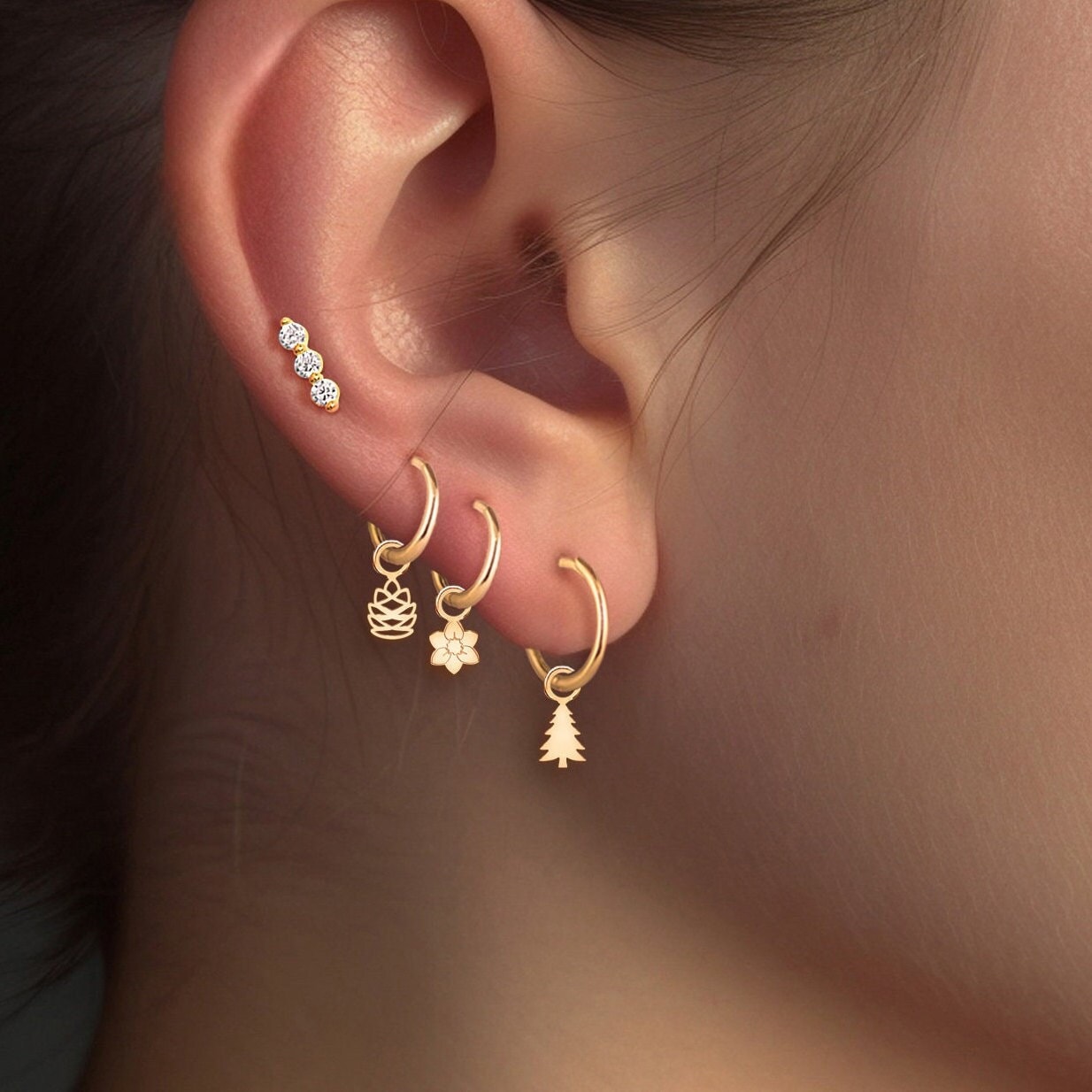 Pine Tree Hoop Earrings, Handcrafted in Gold Vermeil, Silver