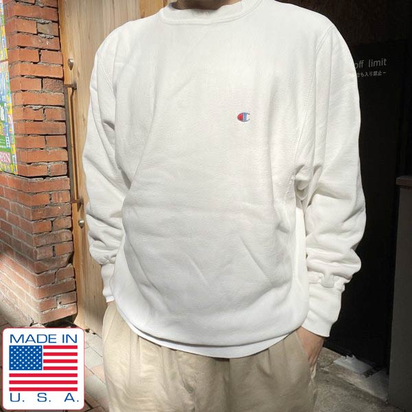 90s USA製 チャンピオン 無地 白系 リバースウィーブ スウェット 袖目