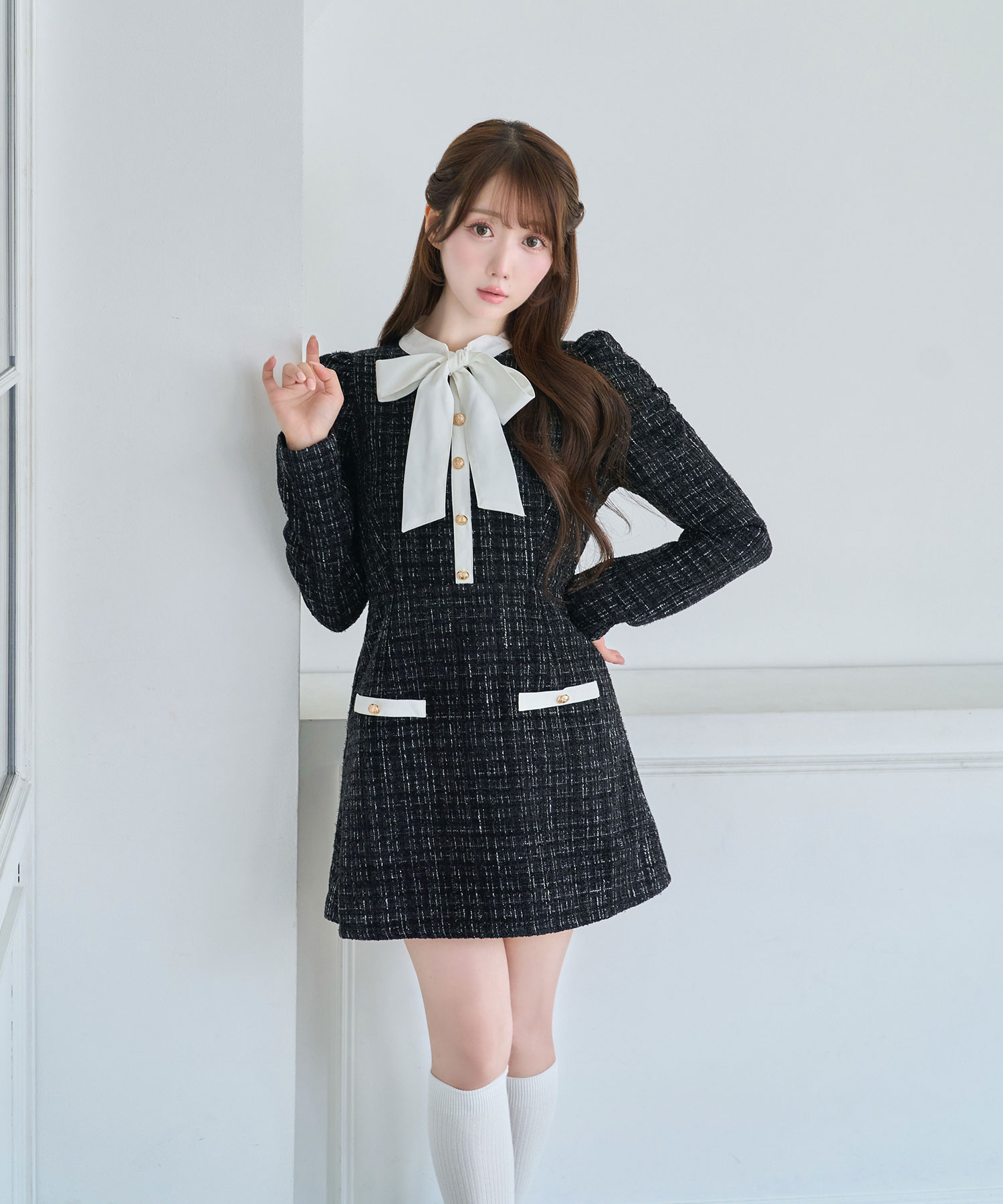 Ribbon tie tweed mini onepiece – BUNNY APARTMENT