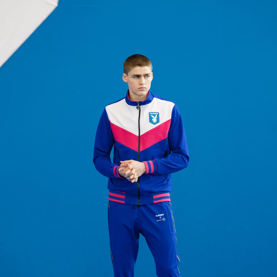 Zip-front jacket in cobalt, off-white, and fuchsia