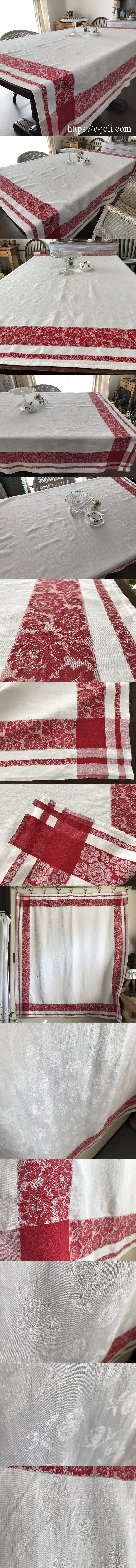 T2950 フランスアンティークリネン大判テーブルクロス ローズ柄