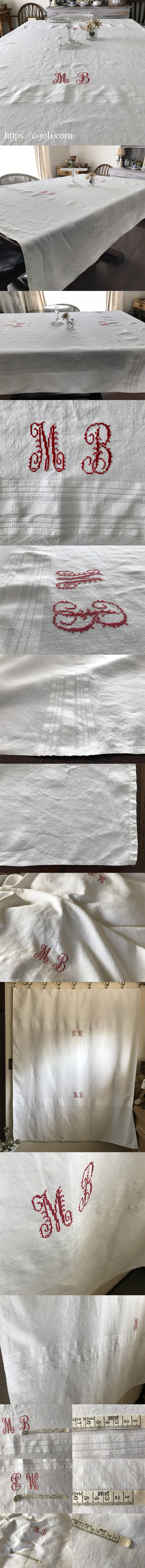 T2953 フランスアンティークリネン大判テーブルクロスMB 手刺繍