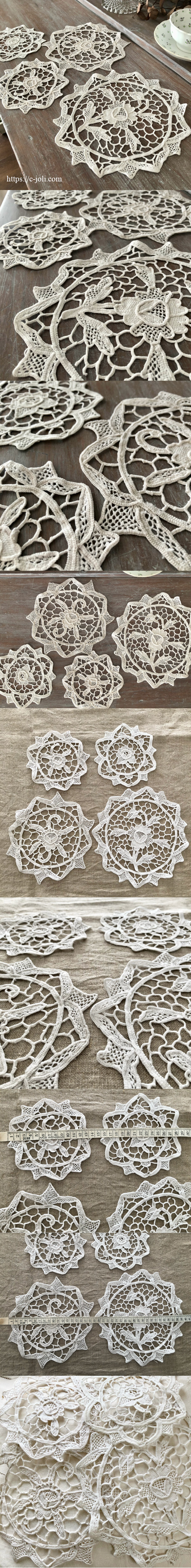 T3120 フランスアンティークレースドイリー4枚 リネンニードルポイント