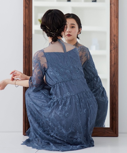 ドットカシュクールレースワンピースパーティードレス（ドレス