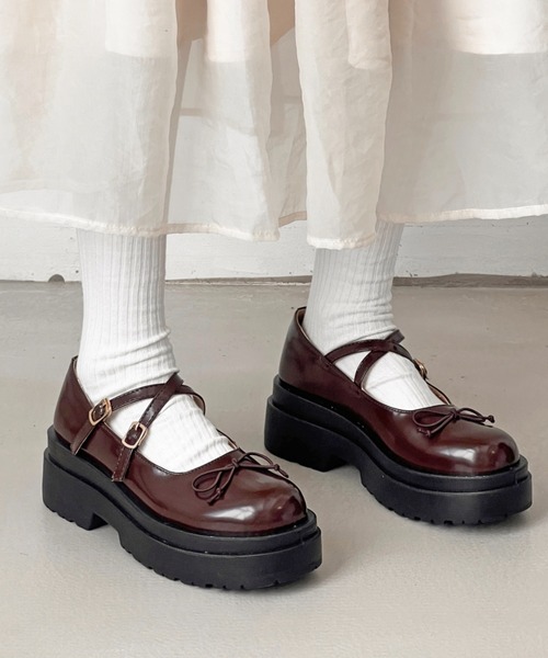 軽量厚底 ダブルソール 2WAY ストラップ リボン メリージェーン 6943