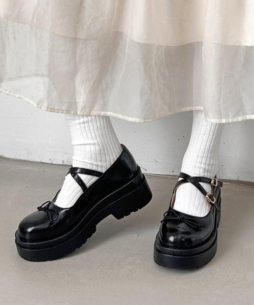 軽量厚底 ダブルソール 2WAY ストラップ リボン メリージェーン 6943