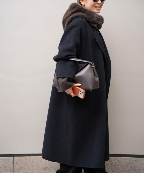 希少 ドゥーズィエムクラス ロング ノーカラー コート 紺 ウール