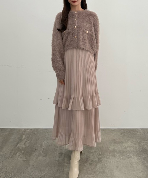 セール】(薄手)金ボタンシャギーニットカーディガン＋プリーツスカート