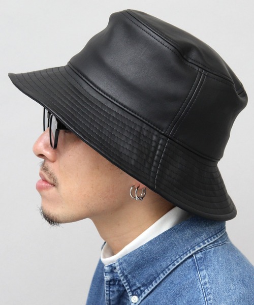 セール】A.M.S.別注 フェイクレザー ツイル デニム つば広 バケット