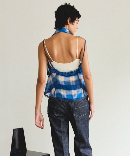 Plaid Halter Peplum Sheer Tops/チェックホルターペプラムシアー