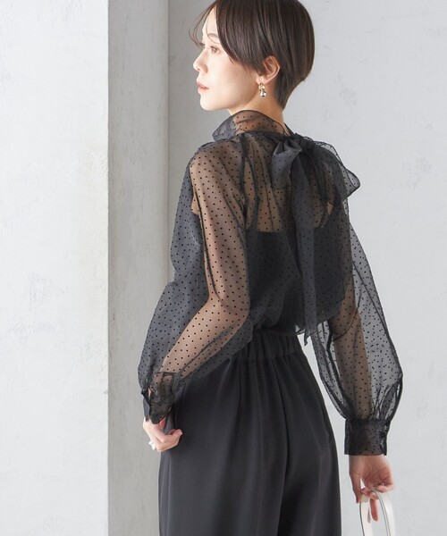 手洗い可能〉シアー フロッキー ドット ボウタイ ブラウス（シャツ