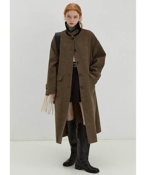 ベルベットカラー チェック柄 スタンドカラーコート FD22W140【Fano