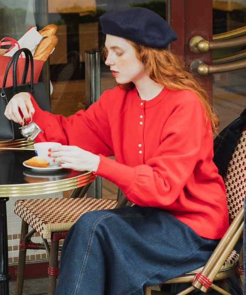 セール】ラグランボリュームスリーブ パールボタンニットカーディガン