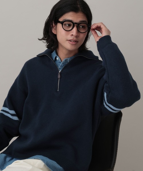セール】Line Half Zip Knit Pullover / ラインハーフジップニットプル