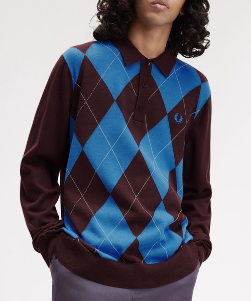 セール】Argyle Long Sleeve Knitted Polo Shirt／アーガイル長袖