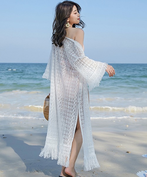 セール】【スリット入りでこなれ感】クロシェ編み 裾フリンジ レース