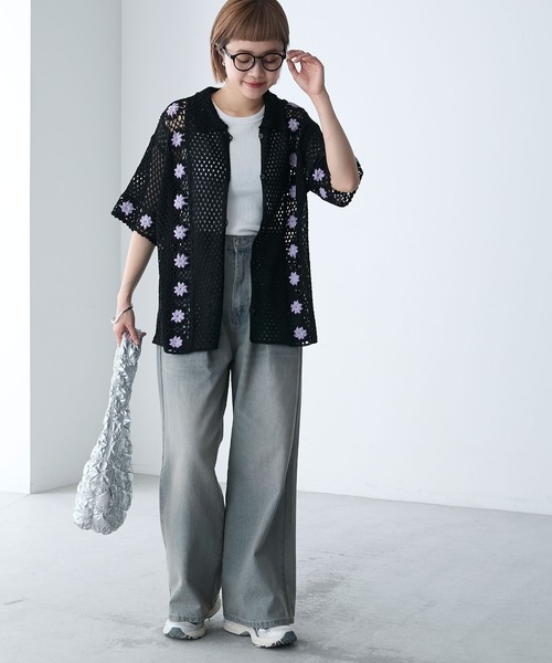 forksy.】フラワーモチーフクロシェ編みシャツカーディガン forksy