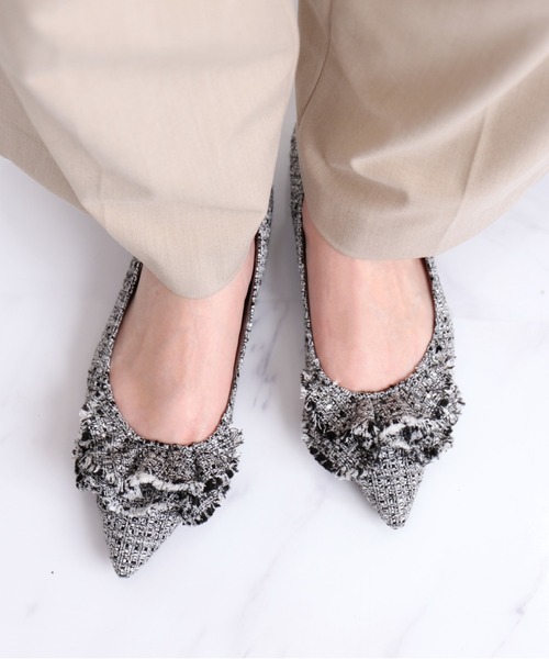 セール】ラッフルデザイン ポインテッドトゥフラットシューズ