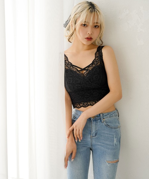 選べるデザインフロントクロスレースキャミブラトップトップス【ギャル