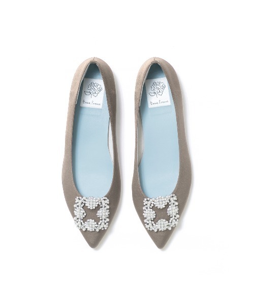 セール】ポインテッドトゥ フラット ビジューバックル サテンパンプス