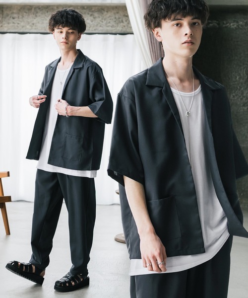 セール】【3点セットアップ】 オーバーサイズ5分袖シャツジャケット