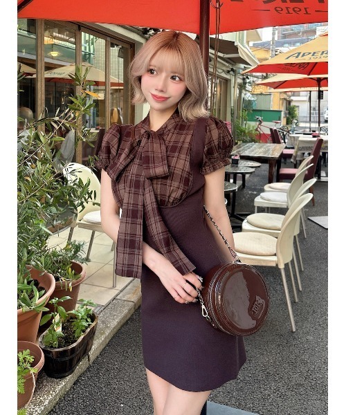 レイヤードライクボウタイニットミニワンピース（ワンピース）｜Darich