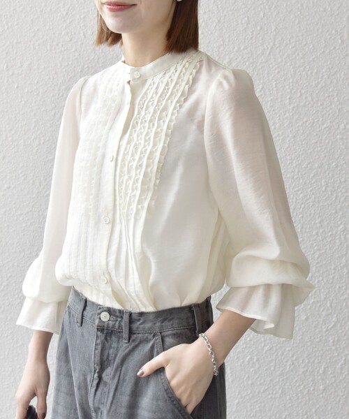 SHIPS any:〈手洗い可能〉シアー フリル バンドカラー シャツ ブラウス
