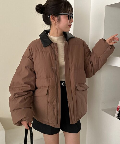 セール】【ユニセックス】衿フェイクレザー中綿ブルゾン（ダウン