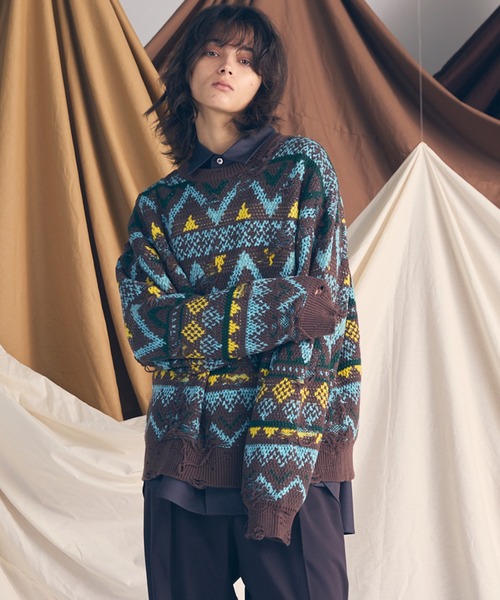 セール】《UNISEX》Nordic Damage Jacquard Prime-Over Crew Neck Knit