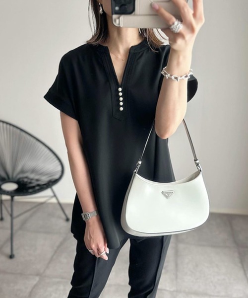 楽シリーズ】イージーケアパール釦キーネックブラウス（シャツ