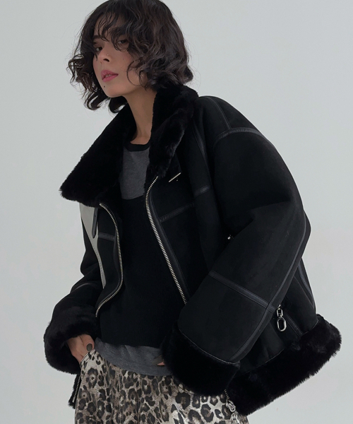 セール】フェイクファー ハイネック ムートンジャケット [ミンク