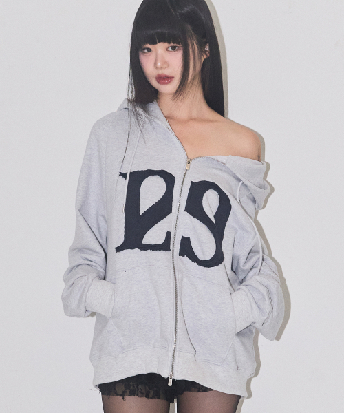 129 ロゴパッチ フードパーカー ジップアップ ホワイトメランジ