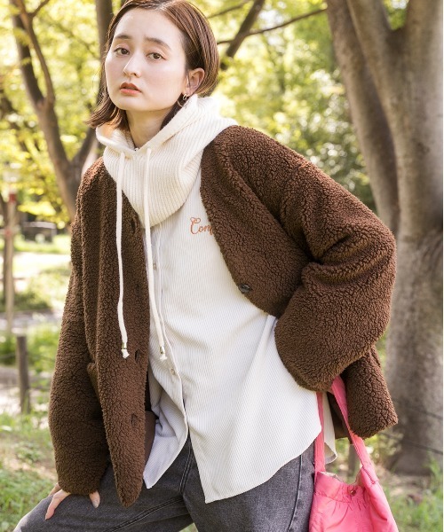 セール】ノーカラーポケ付き ボアジャケット（ノーカラージャケット