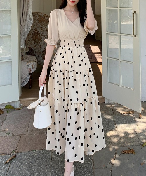 レディース 半袖フリルドット柄セットアップ風ワンピース（ワンピース