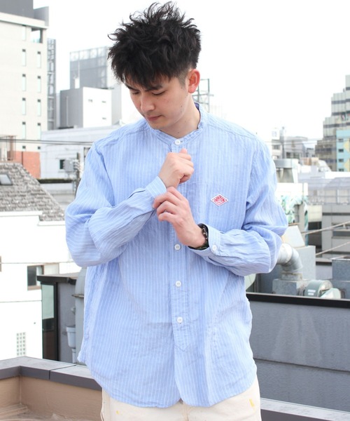 セール】DANTON/ダントン リネンストライプ バンドカラーシャツ ロング