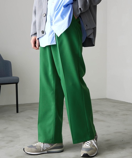 センタープレスセミワイドフレアパンツ/TRストレッチスーツ地シュー