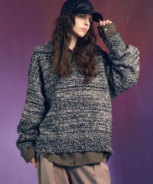 UNISEX》Mix Color Fancy Yarn Prime-Over Skipper Knit Pullover