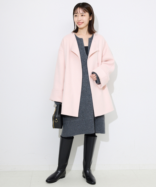 セール】《ストール付き》SUPER140 ダブルフェイスノーカラーコート