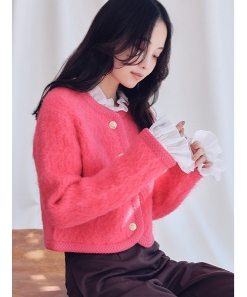セール】ファーライクフリルニットジャケット（ノーカラージャケット