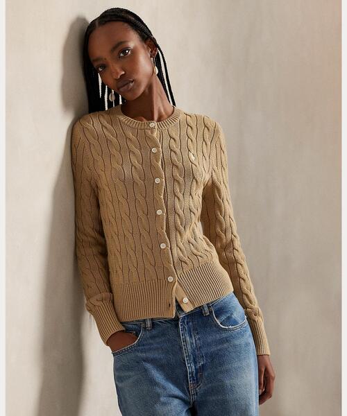 ケーブルニット コットン クルーネック カーディガン（カーディガン