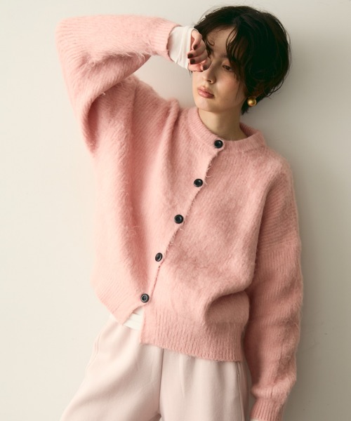 シャギー配色釦ラウンドネックニットカーデ（カーディガン/ボレロ